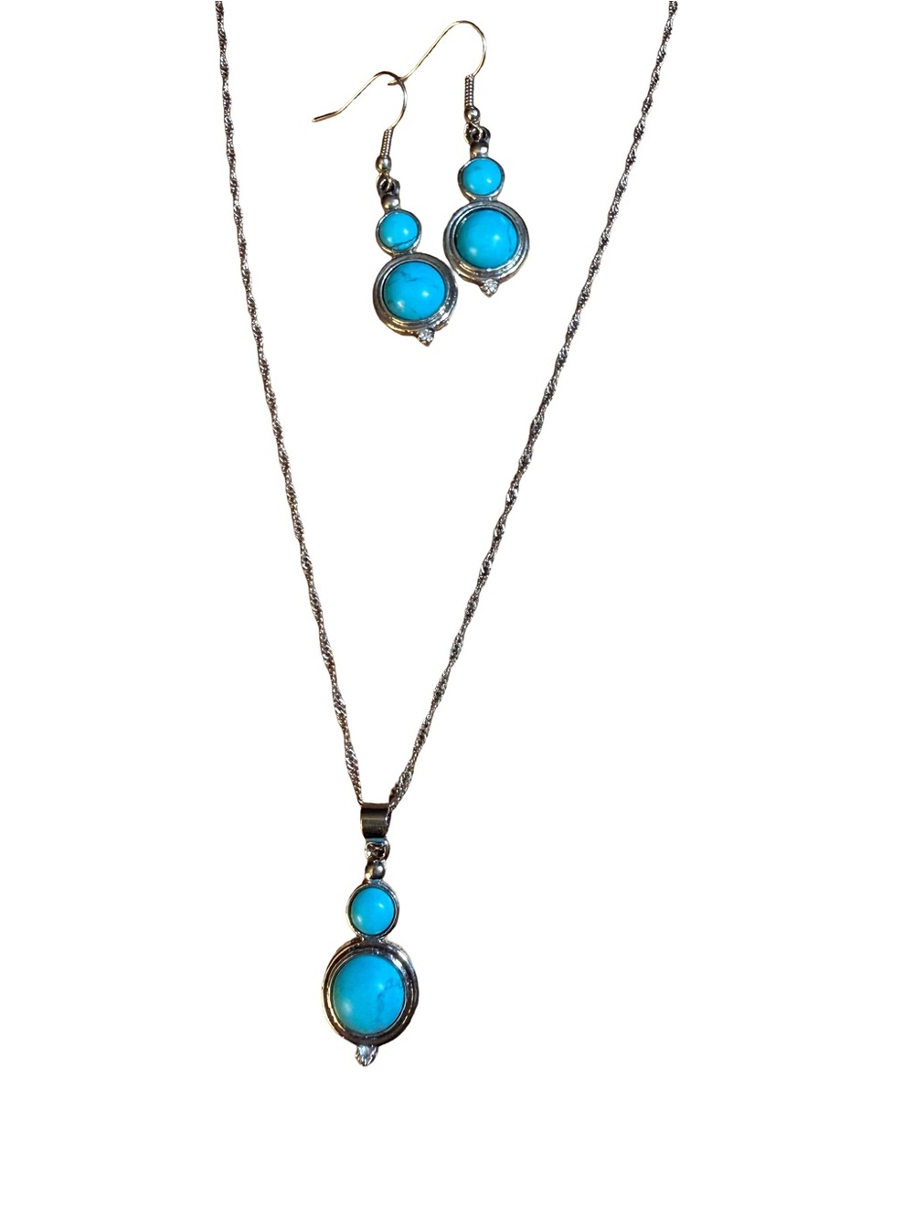 Turquoise Double-Stone Pendant Necklace and Earring Set - Silver Tone